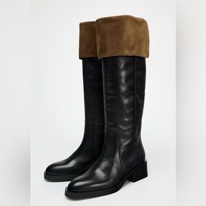 Zara Black Leather Over-the-Knee Boots with Brown Fold-Over Cuff